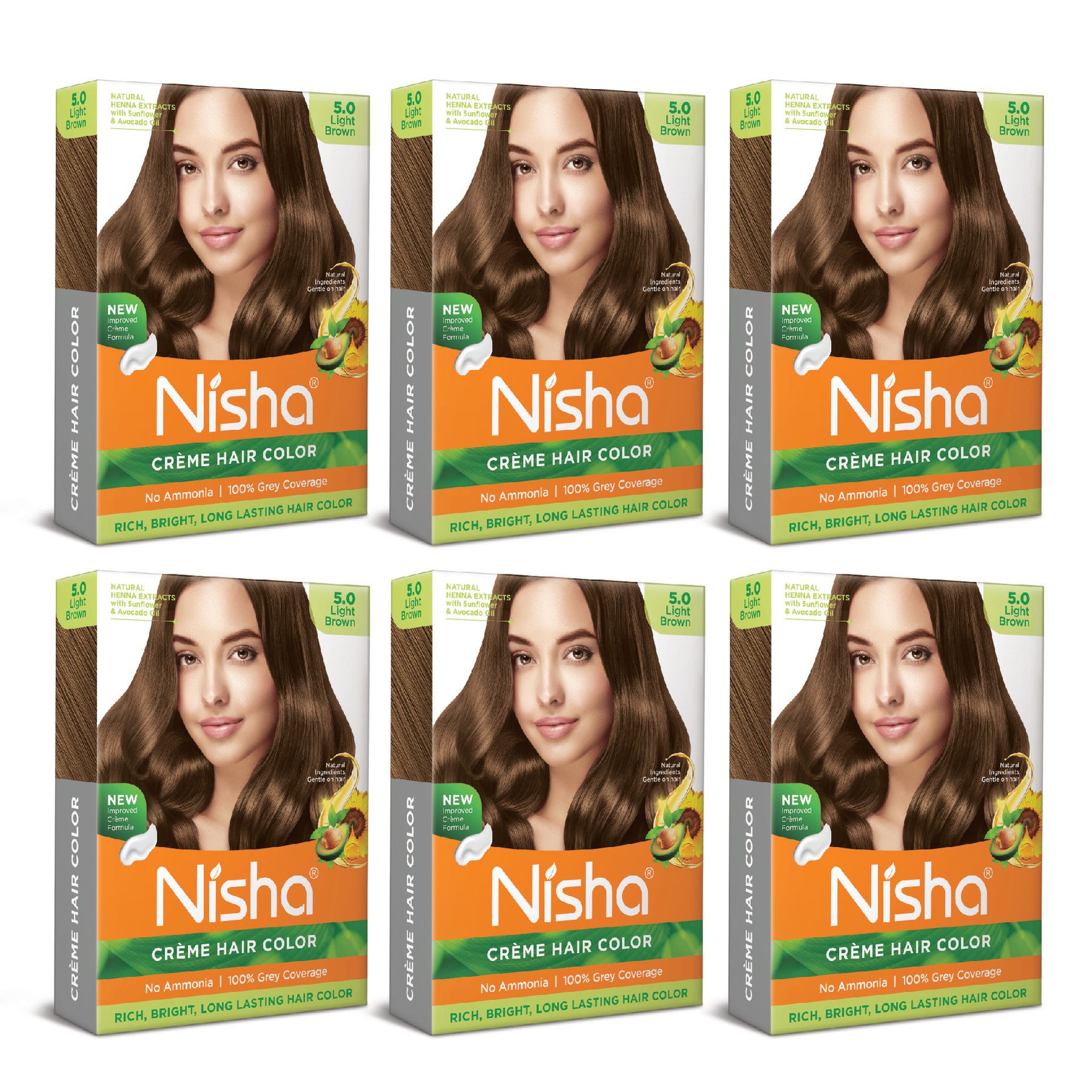 Nisha Creme Hair Color Light Brown 40gm Pack of 6, Permanent Hair Color for Women Men, No Ammonia, 100% Grey Coverage