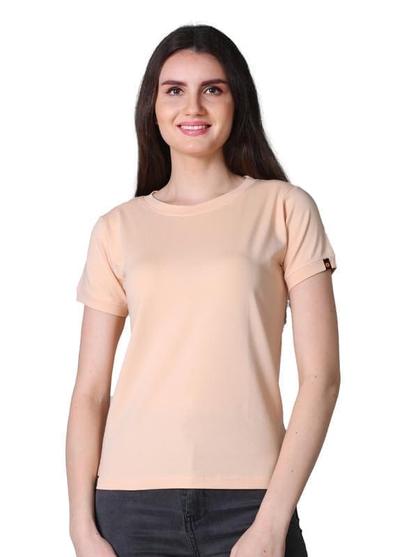 Women's Cotton Blended Solid Round Neck Half Sleeve T-Shirt (Peach, M)-PID56327
