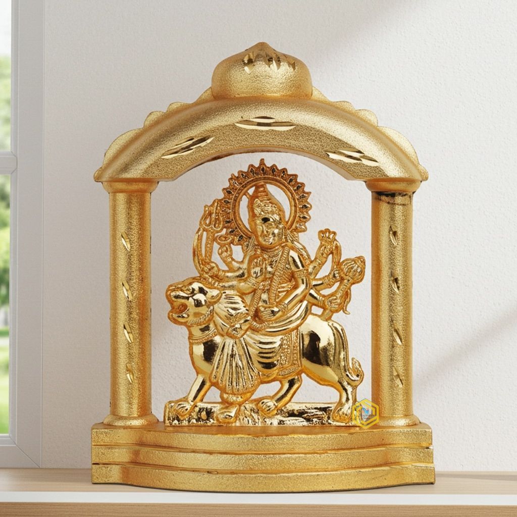Aluminium Durga Ji Mandir Gold Finish � Divine Goddess Statue for Home Temple, Height : 5 Inch (ASMAS191 A)