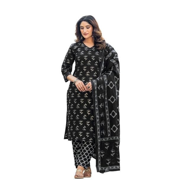 Women's Cotton Blend Printed Kurti With Pant Dupatta Set (Black, S)-PID63058