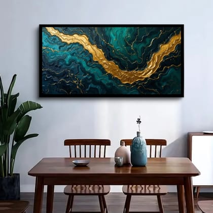 Luminary Emerald Vein–Abstract Luxury Museum-Quality Cotton Canvas Handprint for Statement Wall Décor | Frame Size (127 X 69 Cm) | Frame Type (Black) | 5-Year Warranty