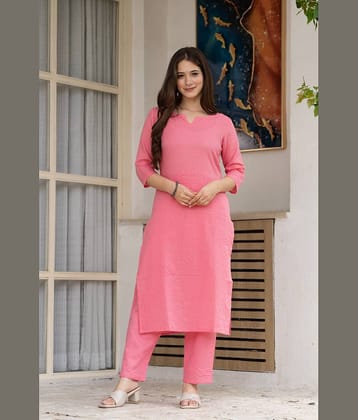 MAUKA Women Cotton Solid Straight Kurti With Pants ( Pink )