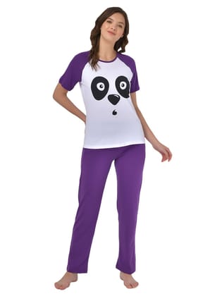 Klamotten Women's White Purple Raglan Sleeves Top Pyjama Set  GM04P