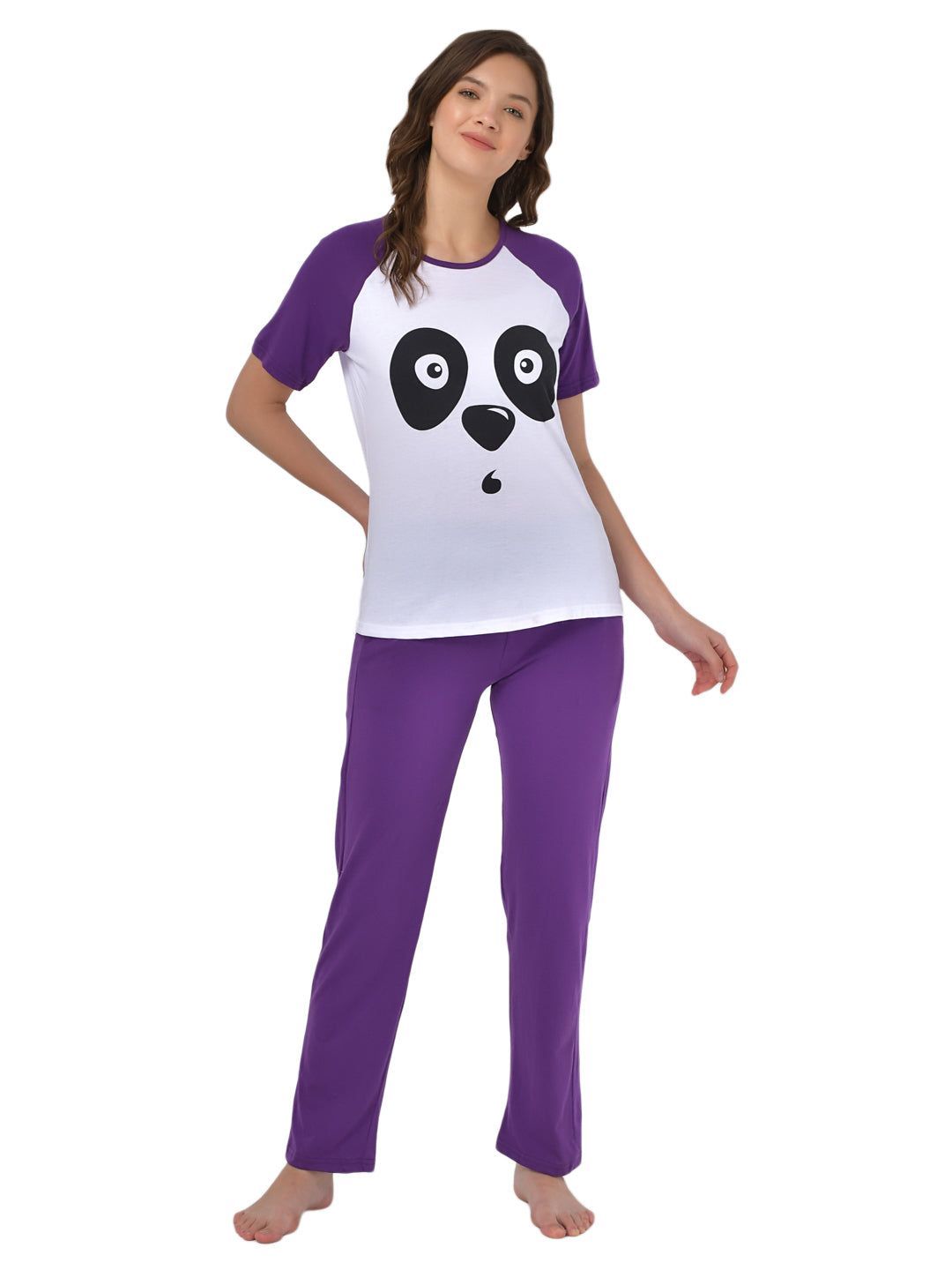 Klamotten Women's White Purple Raglan Sleeves Top Pyjama Set  GM04P