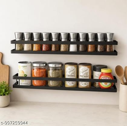 Spice Rack set of 2 Wall Mounted Floating Shelves (Black, Carbon Steel)