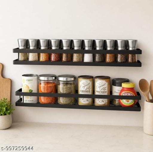 Spice Rack set of 2 Wall Mounted Floating Shelves (Black, Carbon Steel)