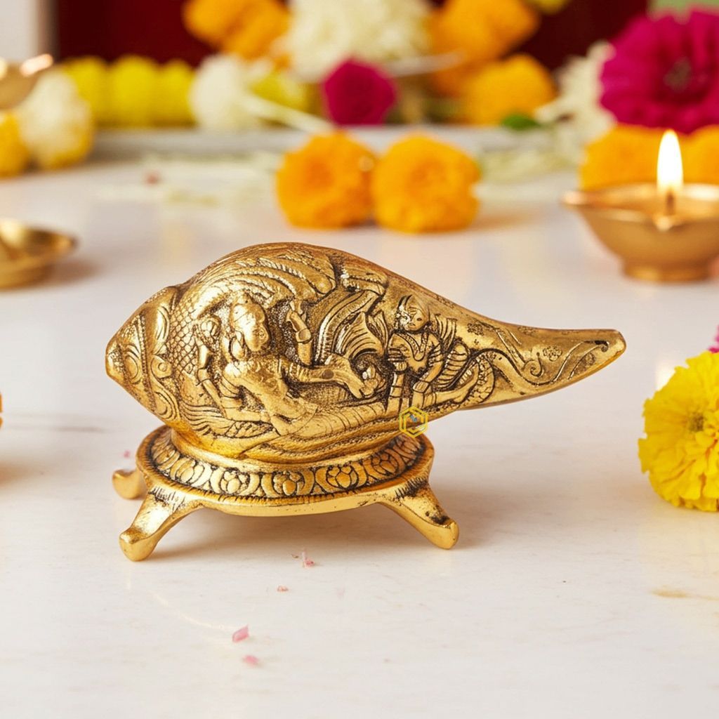 Aluminium Showpiece Shankh With Stand (ASMAS342 G)