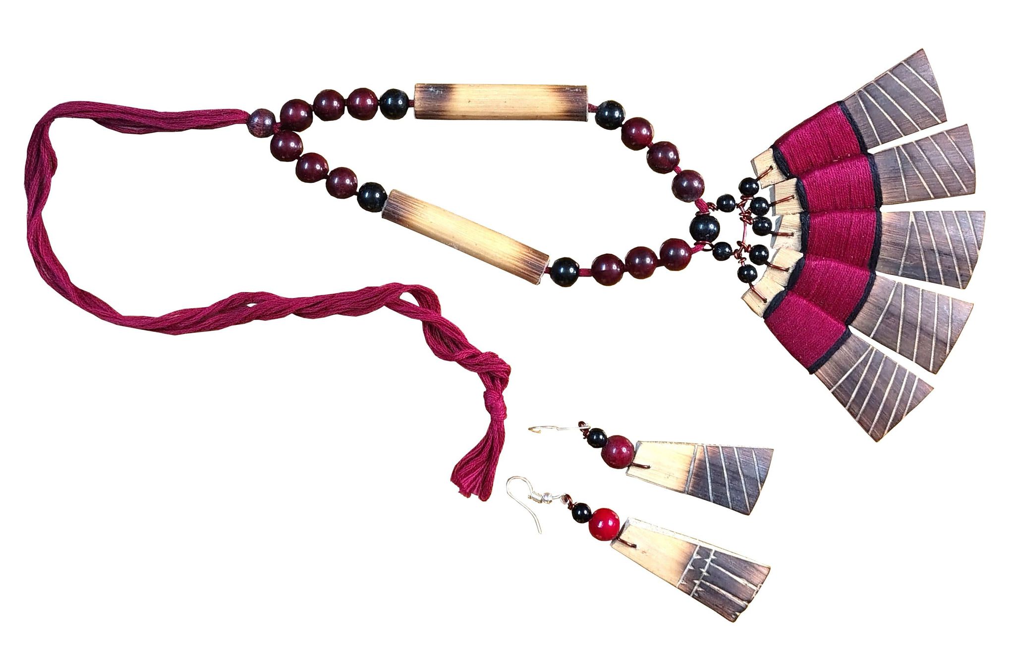 Handmade Bamboo Tribal Jewellery Set for Women and Girls (Maroon Colour & Black)