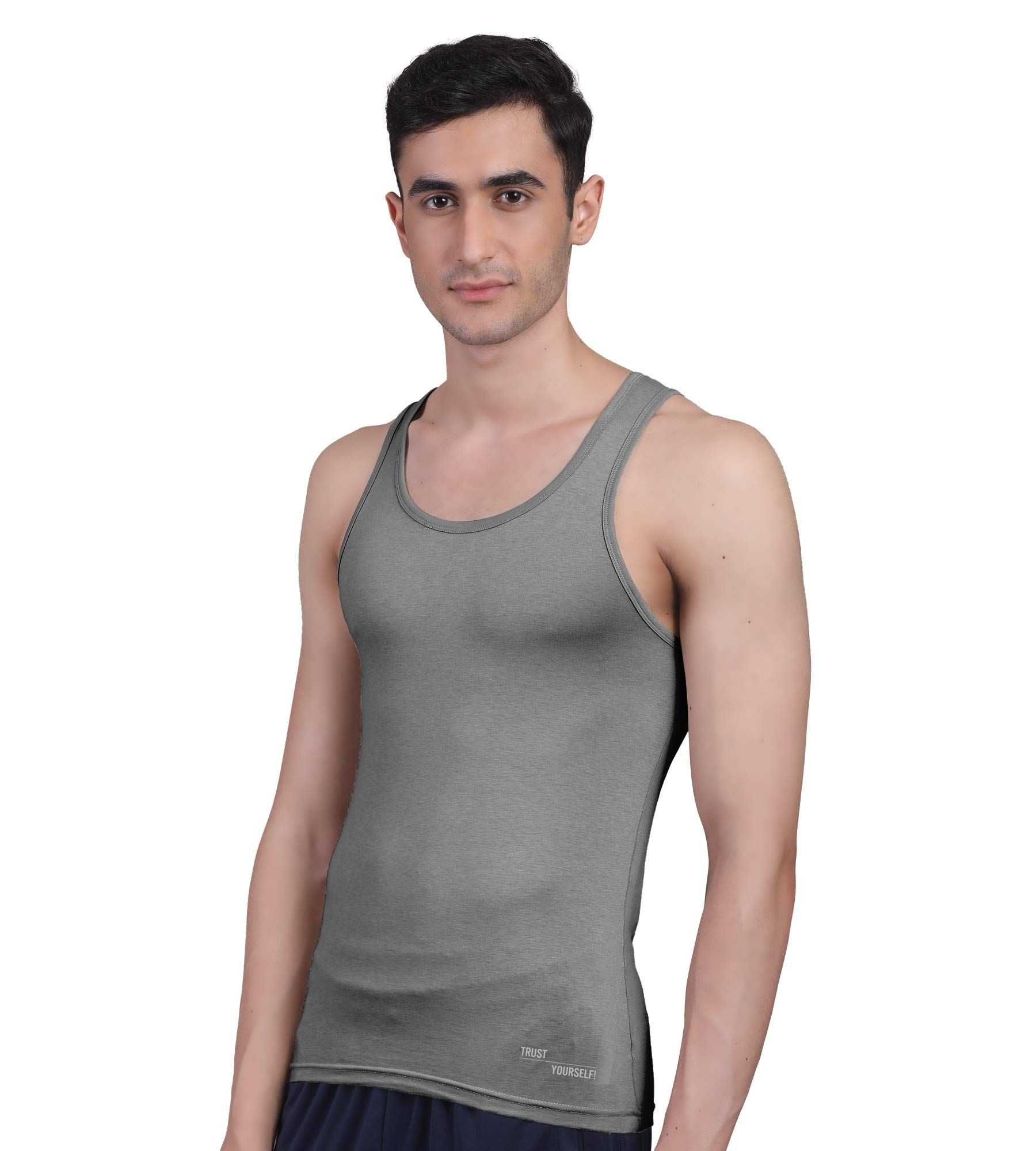 Freecultr Vest for Men | Bamboo Sleeveless, Super Soft Round Neck Gym Comfort Vest | Workout Regular Fit Innerwear | Breathable Sando with Long Hemline Pack of 1-Iron Charcoal