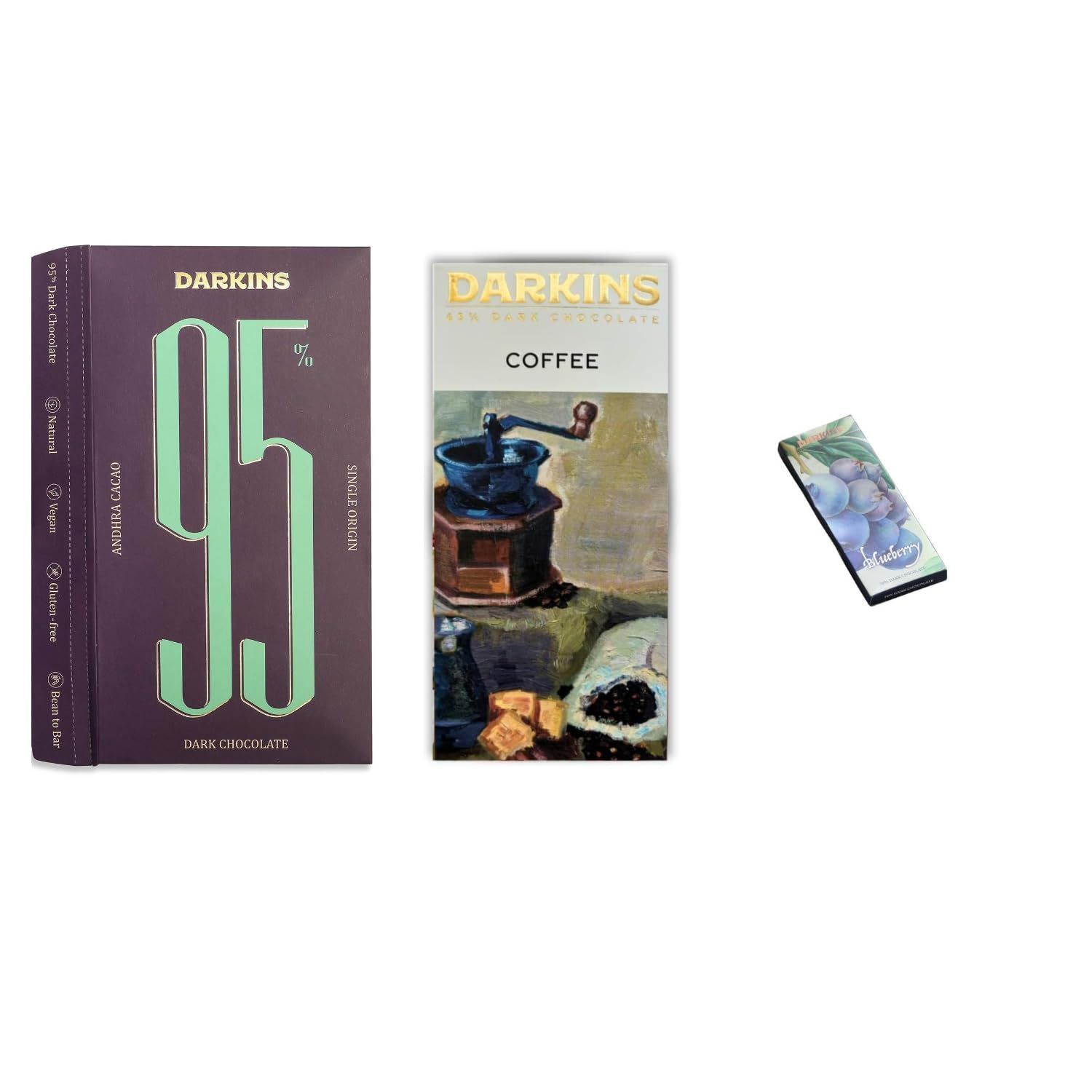 DARKINS Dark Chocolate | 95% Single Origin | 65% Coffee | Free 35g Blueberries | Gluten-free | Unrefined Cane Sugar | Natural Chocolate Bar | Pack Of 2