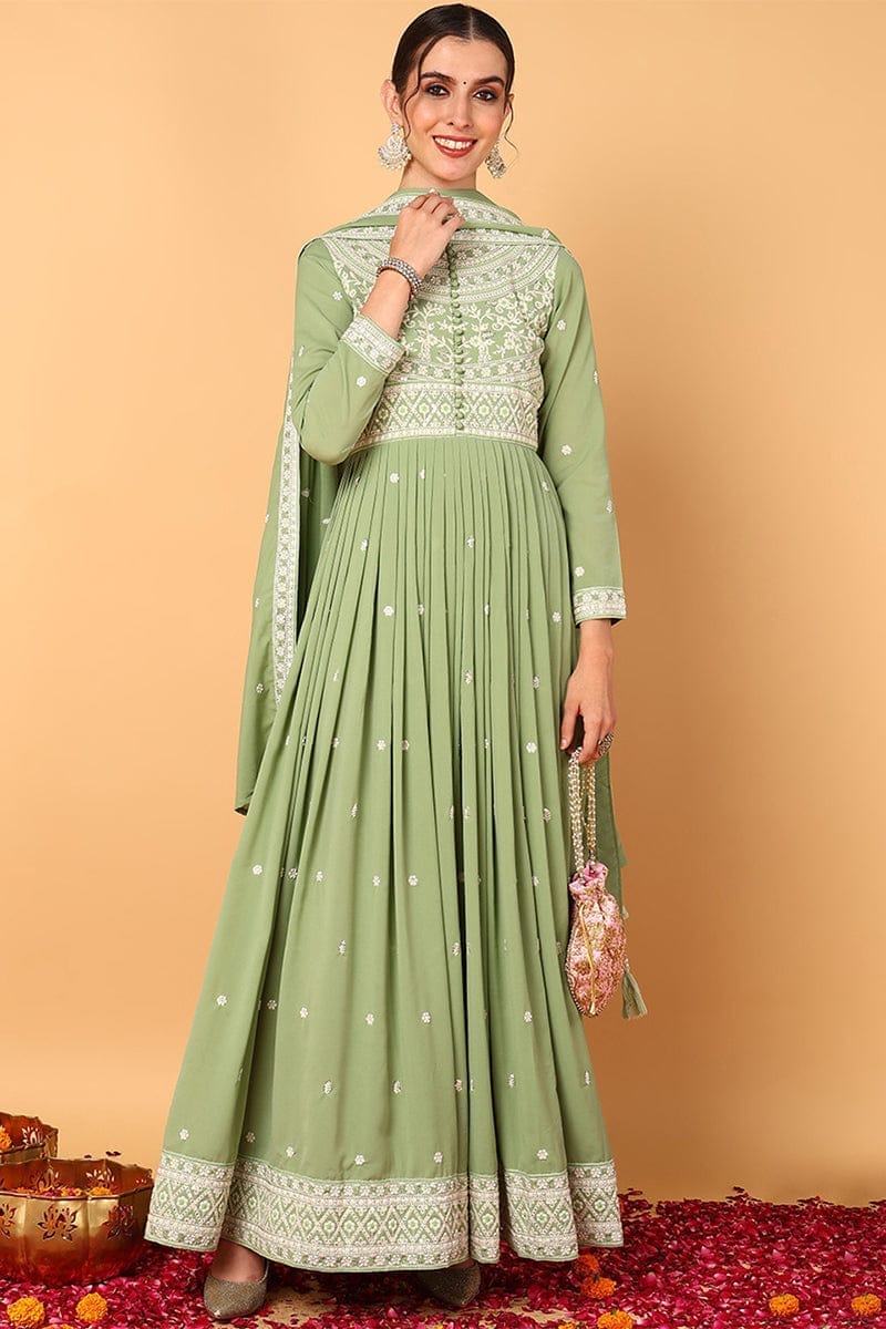Plus Size Green Georgette Embroidered Thread Work Flared Kurta Set VKSET1491