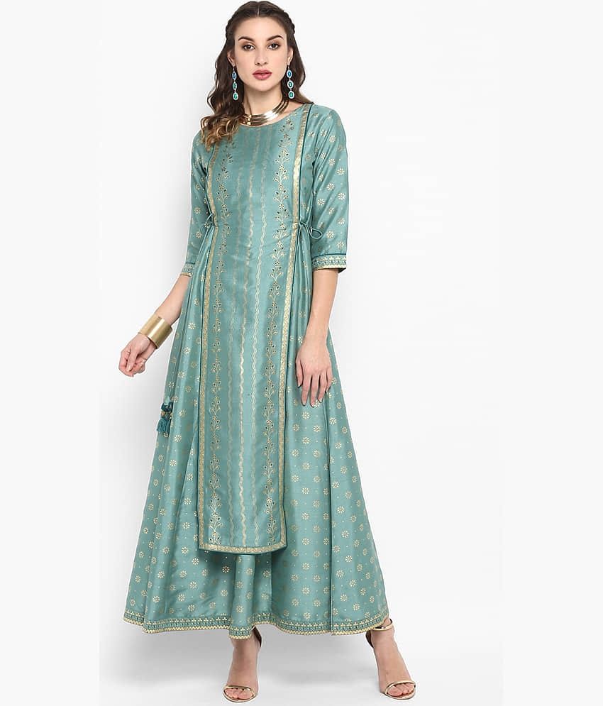 Janasya Women Silk Blend Printed Ethnic Dress ( Green )