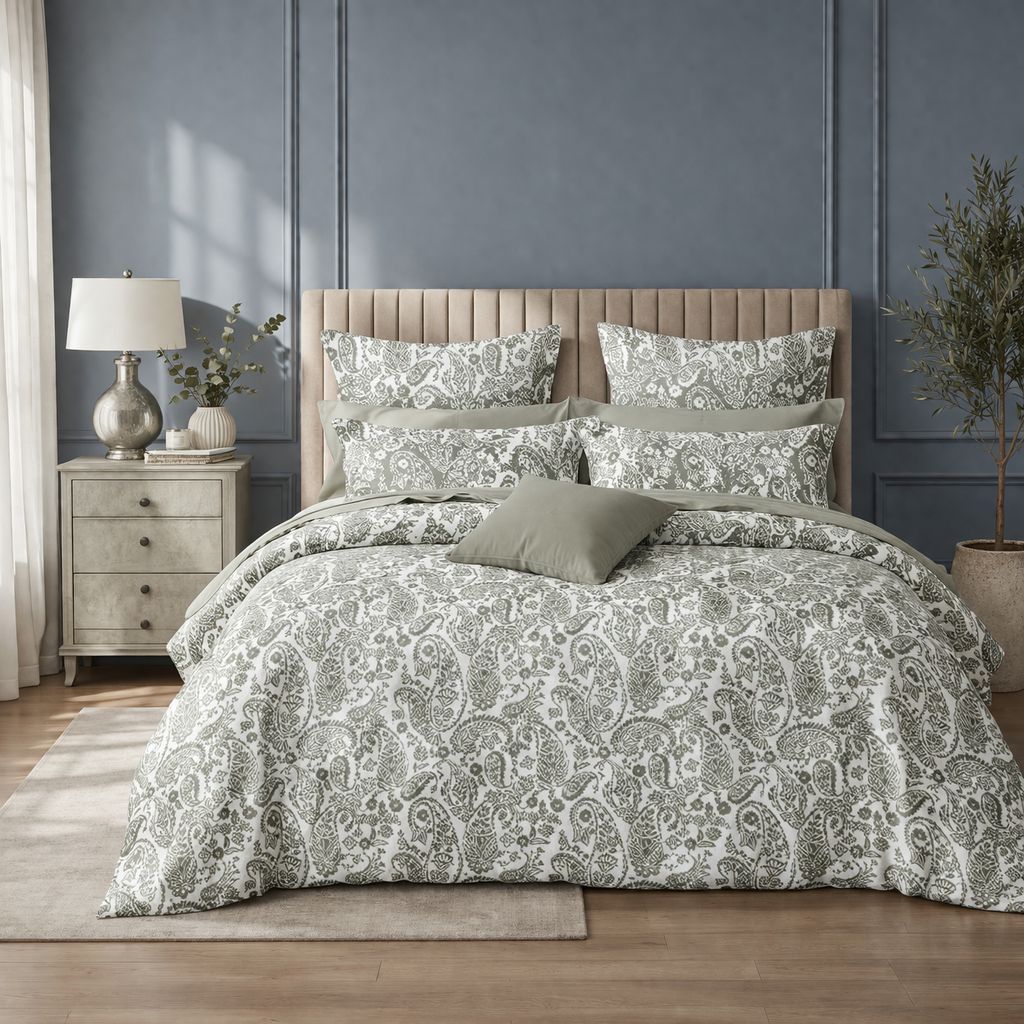 Sage Green Paisley Queen Size Bedsheet with 2 Pillow Covers | Soft Cotton Double Bed Sheet