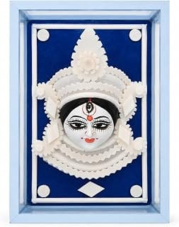 Maa Durga Face Wall Hanging in Glass Box | Sholapith Handicraft Idol for Home Temple, Pooja Room & Main Door | Griha Pravesh Gift | Blue