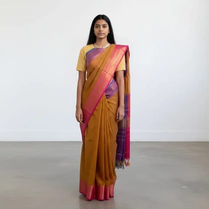 Handwoven Kanchipuram Cotton Saree in Mustard with Contrast Zari Borders Handwoven Kanchipuram Cotton Saree in Mustard with Contrast Zari Borders