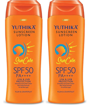 Yuthika Sunscreen Lotion SPF 50 PA++++ with UVA & UVB Protection, Sun Cream for All Skin Types - 100ml Pack of 2