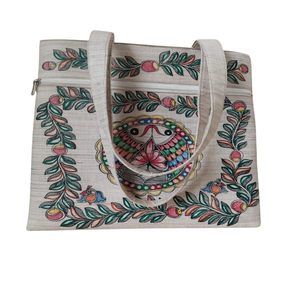 Madhubani Painting Jute Tote Bag - Hand-Painted with Traditional Indian Art, Vibrant Colors, Durable for Shopping & School, Perfect Gift for Art Lovers & Eco-Conscious Consumers