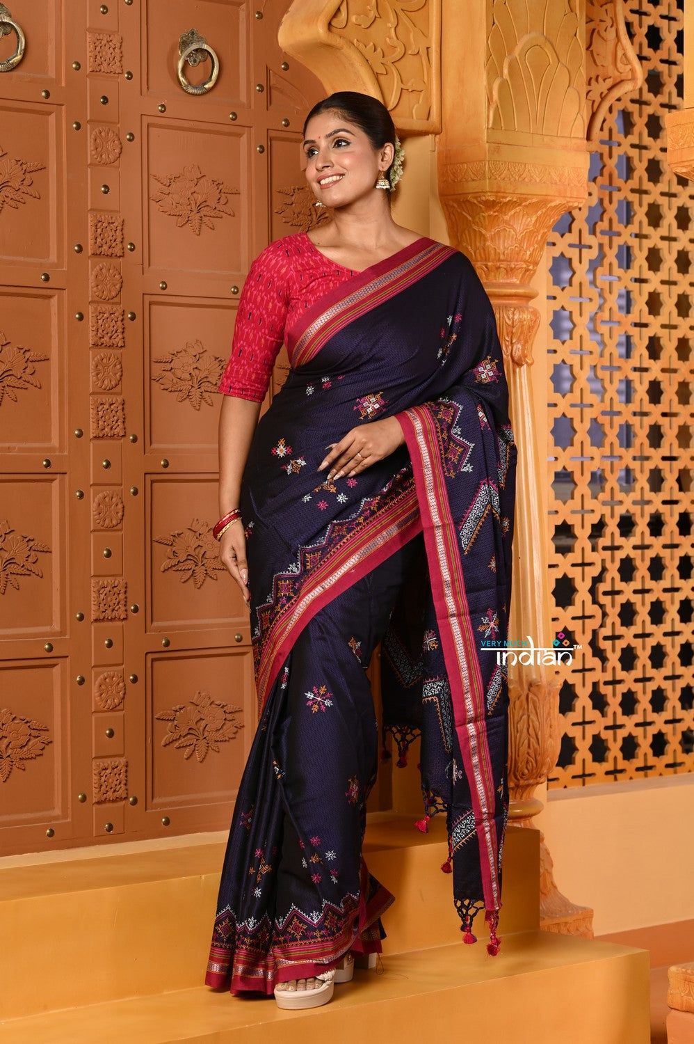 Shubh ~ Traditional Khun Cotton Resham With Kashida Work in Dark Blue