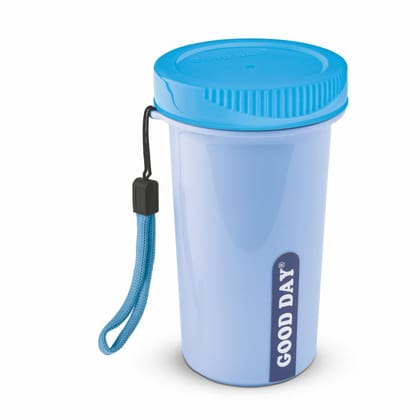 Good Day Easy Meal Tumbler with Strap & Inner Steel Glass, Reusable Travel Mug,Perfect for Coffee, Tea, and Juices (Blue)