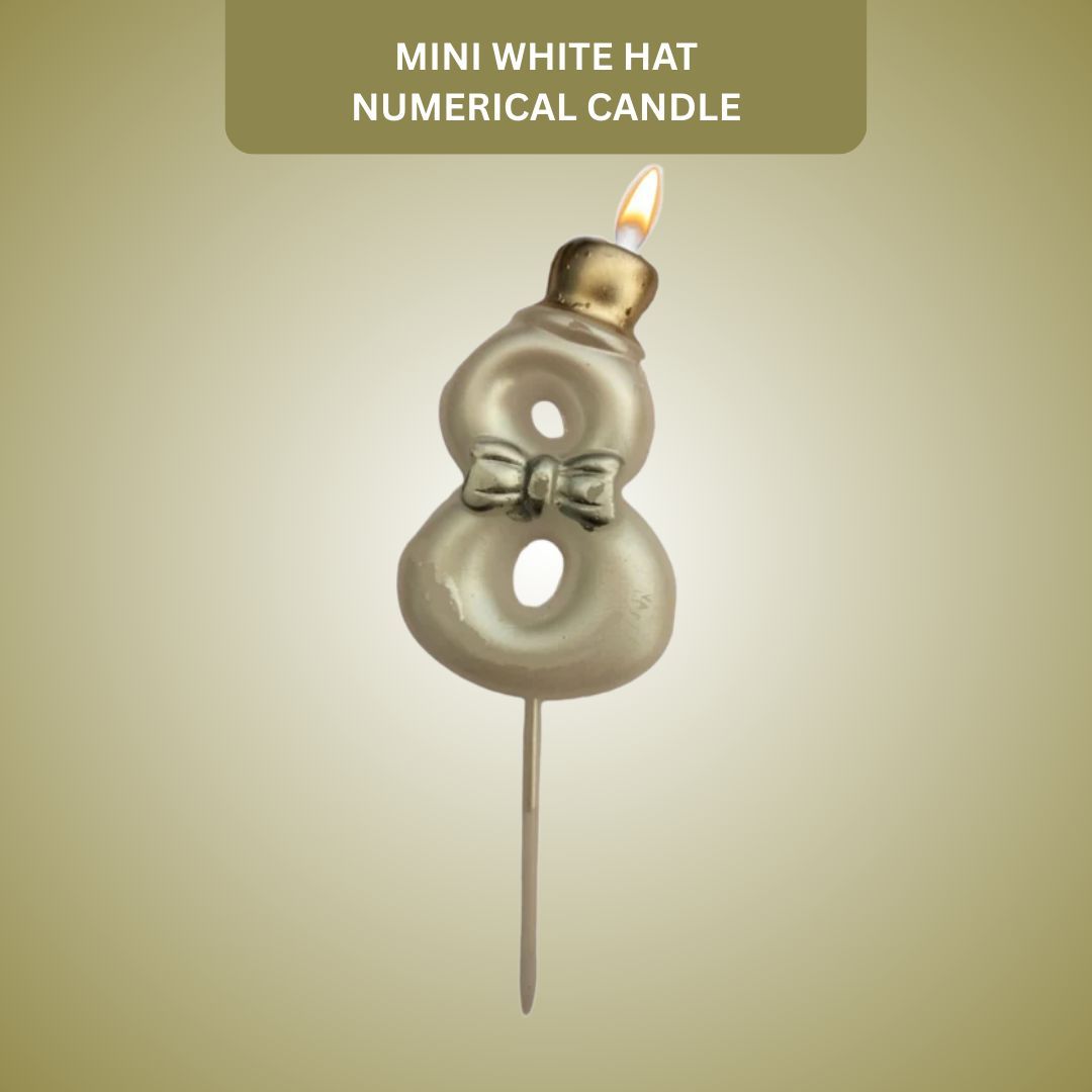 Metallic White Numerical Candle 8 with Golden Hat