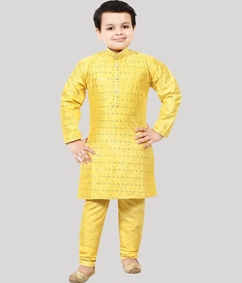 Arshia Fashions Boys Silk Sequined - Pattern Kurta Pant Set ( Yellow , Pack of 1 )