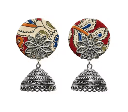 Handcrafted Fabric Stud Oxidized Silver Jhumka Earrings