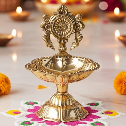 Brass Table Decor Oil Lamp, Shankh Deepak  - Devotional Deepak for Puja Rituals, Height : 3.5 Inch (FMAS777 C)
