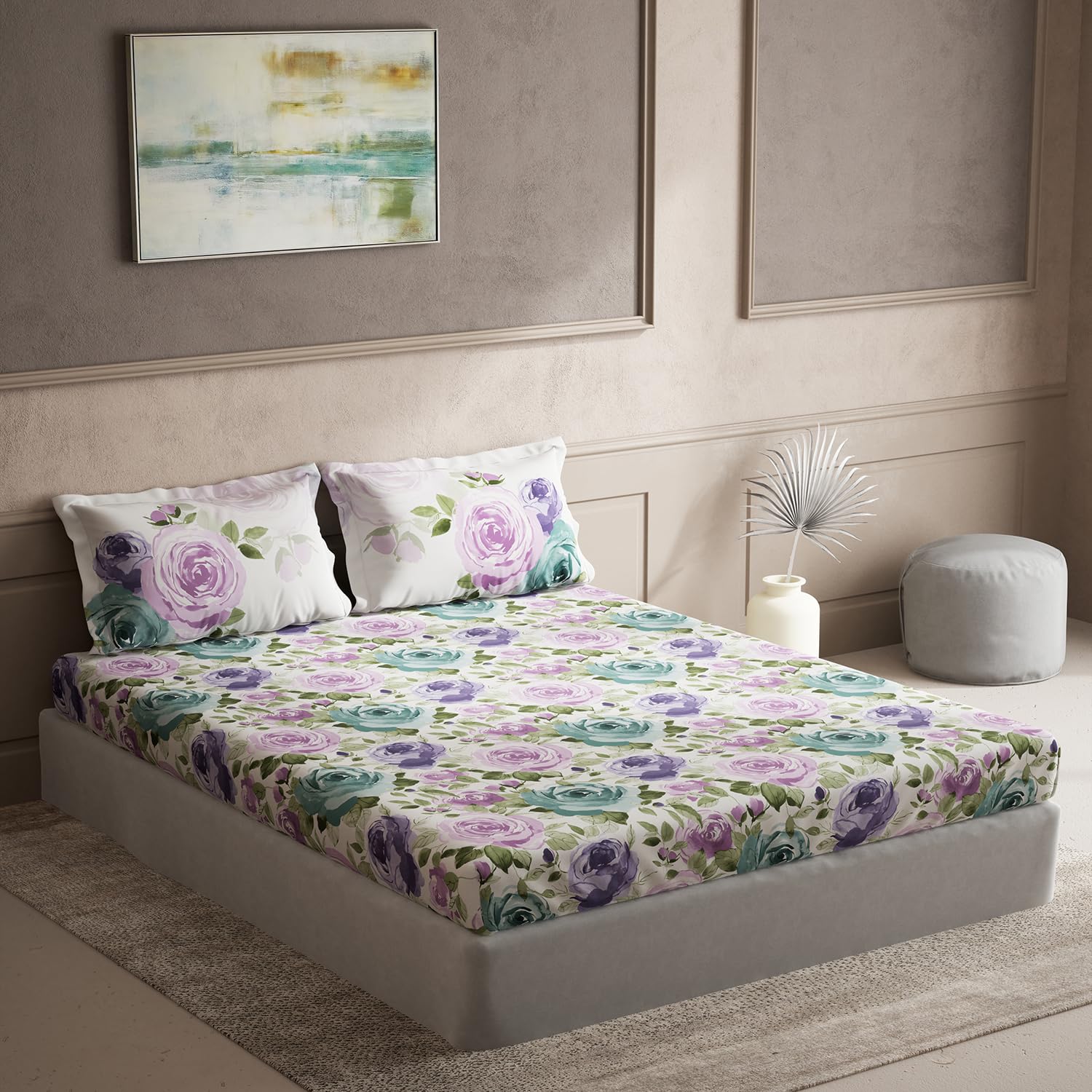 DDECOR - Maxima Collection 100% Cotton Floral Pattern 136TC Super King |274 CM X 274 CM| with 2 Pillow Covers - Purple