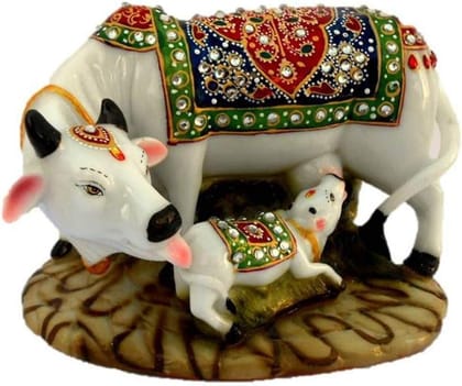 Handicraft Decorative Cow and Calf Statue Five Inch Marble Dust Polyresin Kamdhenu Gau Mata Idol