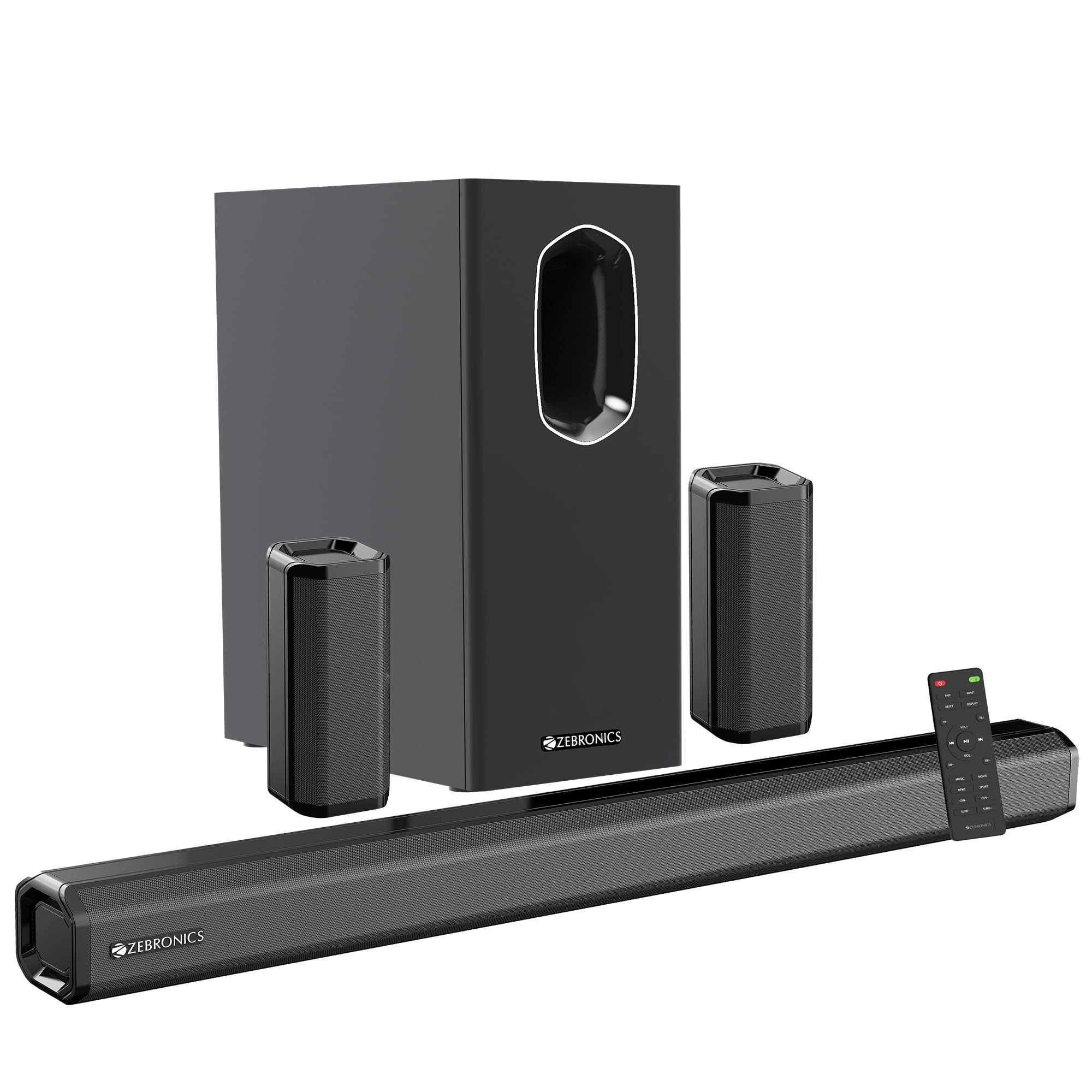 ZEBRONICS Juke BAR 7400 PRO 5.1 Channel soundbar with 6.5" subwoofer, 400W RMS, Dual Rear Satellites, HDMI (ARC), Optical in, AUX, BT v5.0, USB in, Remote Control,LED Display and Wall Mount(Black) Black / 180W
