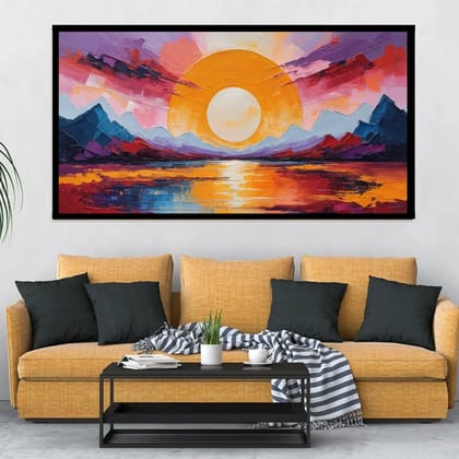 Luminary Abstract Sunset Painting – Colorful Mountain and Sun Landscape Wall Art Painting For Home Décor | Frame Size (127 X 69 Cm) | Frame Type (Black) | 5-Year Warranty