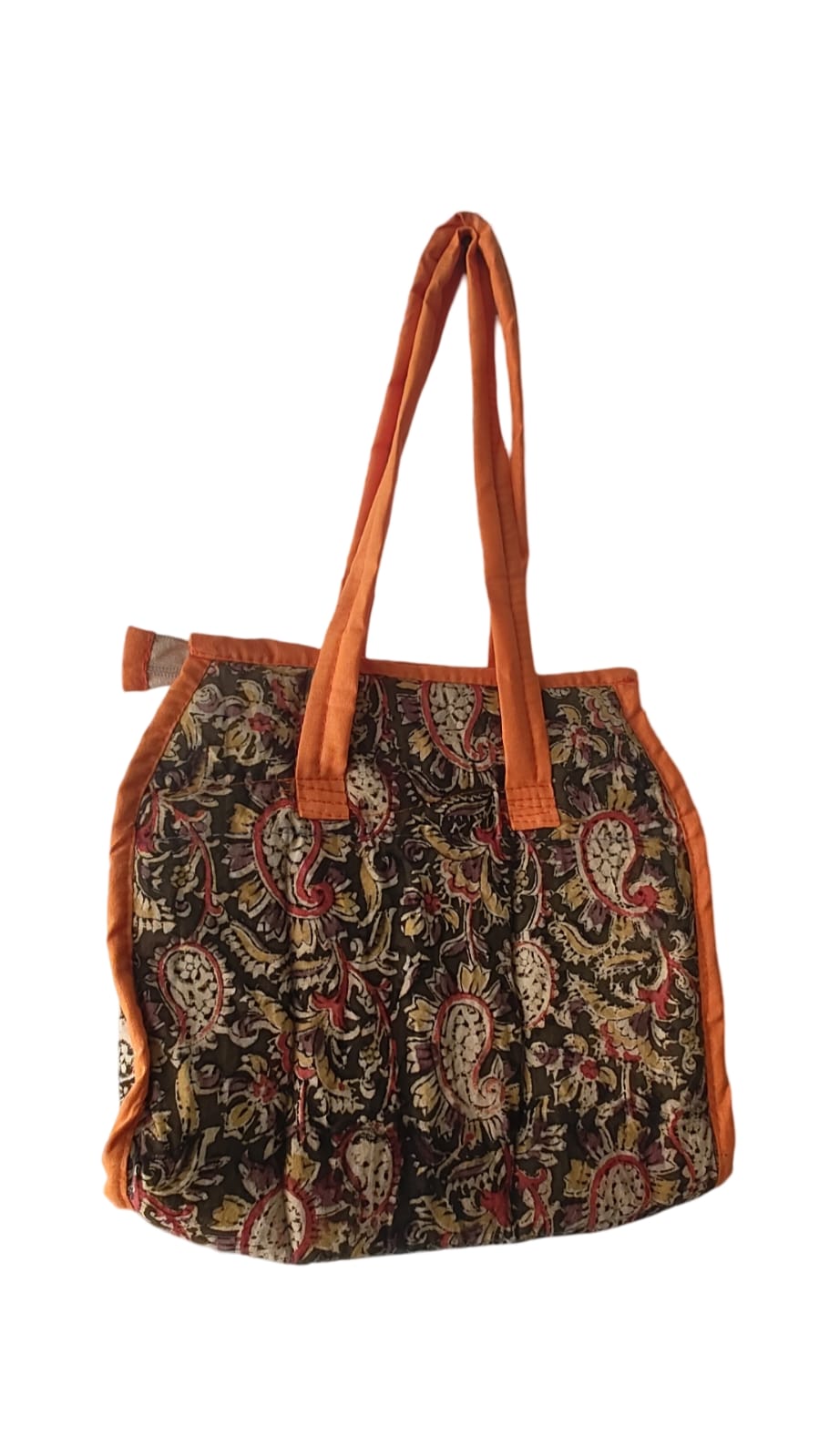 KALANKARI Handcrafted Paisley Print Cotton Tote Bag with Orange Handles
