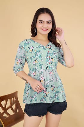 Women Mint Green Floral Print Regular Fit Crepe Top with V-Neck & 3/4 Sleeves