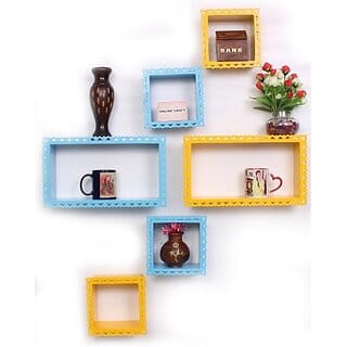 Onlinecrafts Wooden Wall Shelf ,6 Shelf (Yellow, Blue) Wooden Wall Shelf (Number Of Shelves - 6, Yellow, Blue)