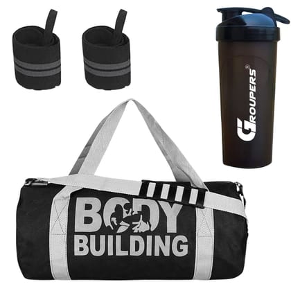 GROUPERS Duffle Canvas Bag with Shaker Bottle-700ml & Wrist BandlSports & Travel BaglSports Kitl (Black)