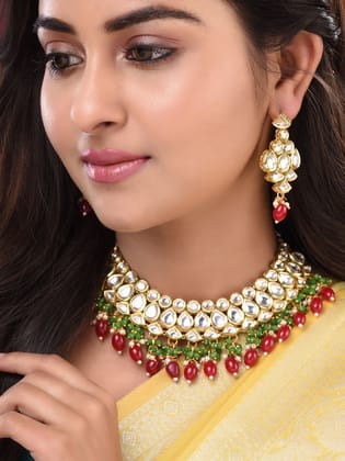 Gold Toned Kundan studded Red & Green Bead studded Handcrafted Jewellery Set