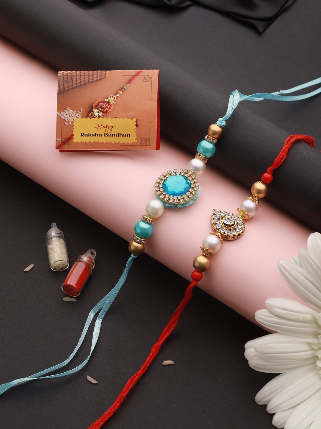 Set of 2 Kundan & AD Studded Designer Handcrafted Rakhi With Roli Chawal