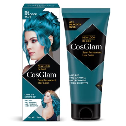 COSGLAM Semi Permanent Hair Color, No Peroxide, Non Oxidative, Ammonia Free Hair Colour 52 Peacock Blue - 120gm