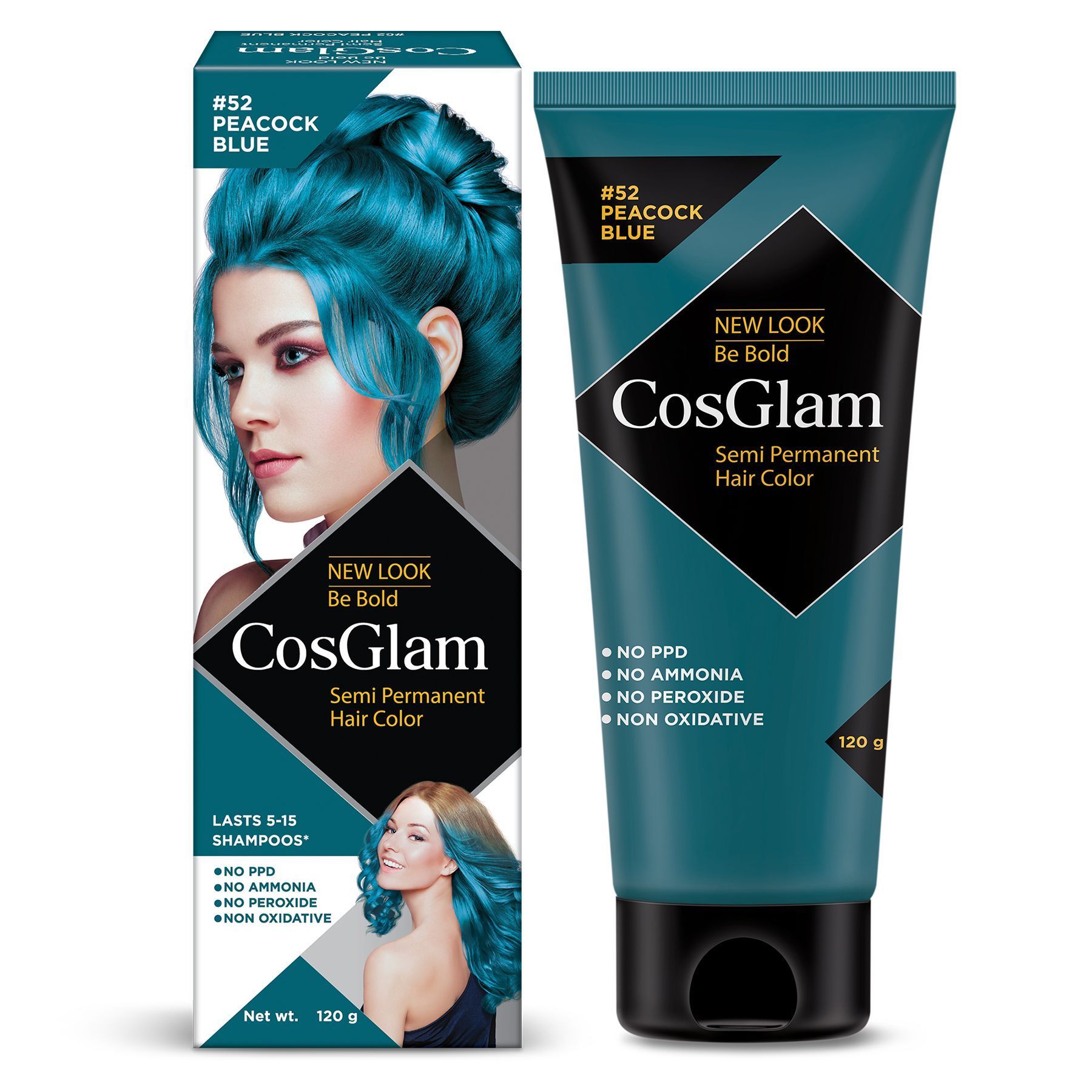 COSGLAM Semi Permanent Hair Color, No Peroxide, Non Oxidative, Ammonia Free Hair Colour 52 Peacock Blue - 120gm