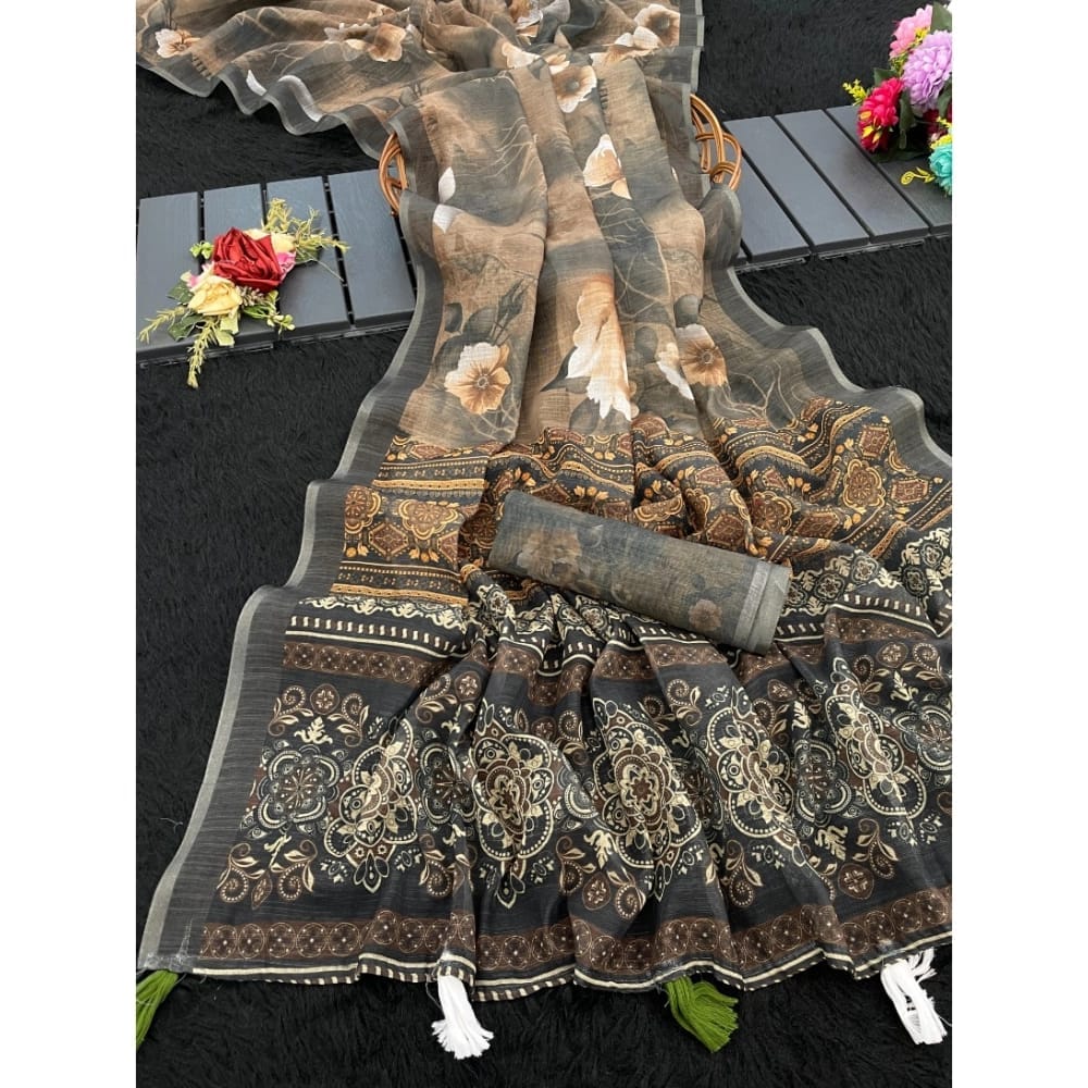 womens linen cotton printed saree with unstitched blouse 5mtr beige pid63884
