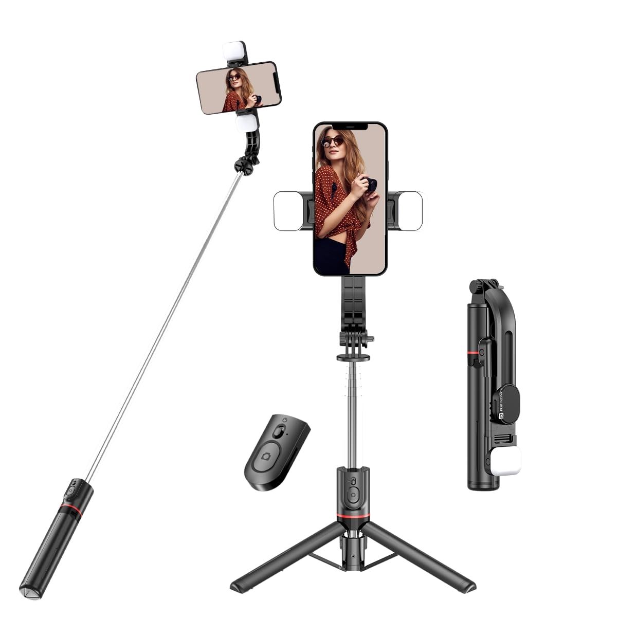 Portronics Lumistick - Smart Selfie Stick stable tripod stand, Bluetooth remote, multi-angle shooting, Ultra-light and Durable
