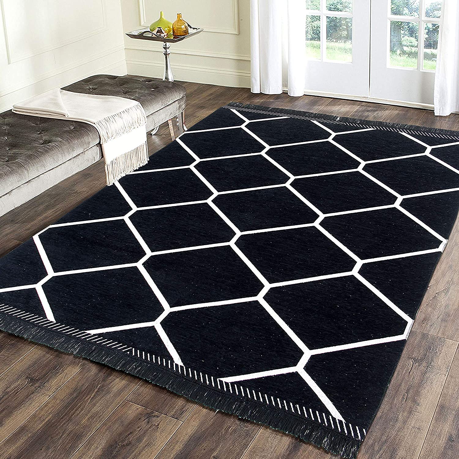 RADECOR Diamond Design Sleek and Spacious Rectangular Chenille Carpet with Binding | Area Rug | Durries for Living Room, Bedroom | 5X7 Feet (210 Cmx152 Cm)