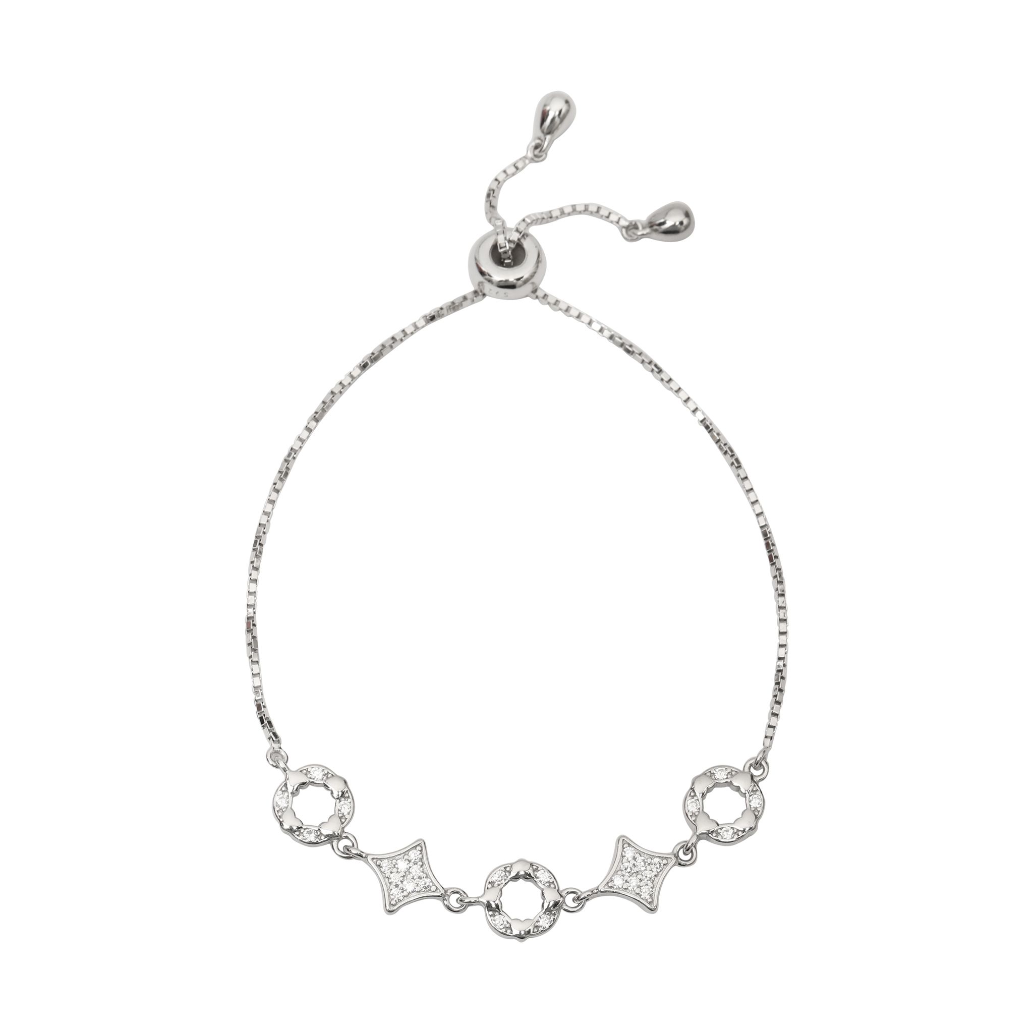 925 Sterling Silver Adjustable Bracelet with Cubic Zirconia Geometric Charms | Elegant Slider Bracelet for Women I Weight - 6 g