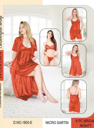 Luxury 6-Piece Bridal Nightwear Set | Micro Satin Silk Nighty, Bra & Robe | Honeymoon Lingerie Set for Women | Elegant Bridal Gift