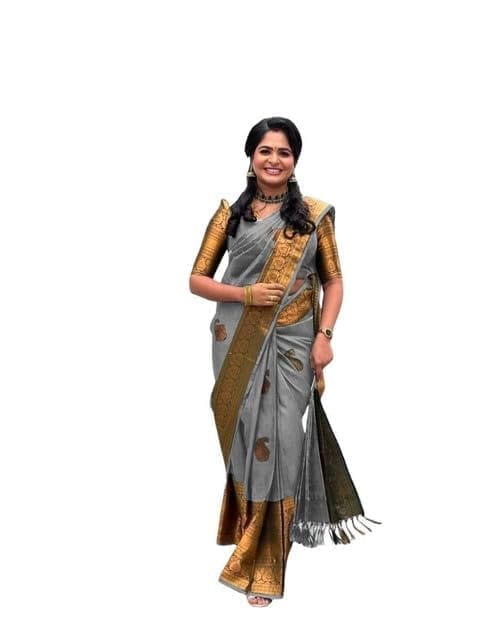 Women's Soft Lichi Silk Printed Saree With Unstitched Blouse 5.5Mtr (Grey)-PID63603