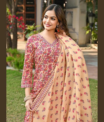 Vaamsi Women Rayon Printed Straight Kurti With Pants ( Pink )