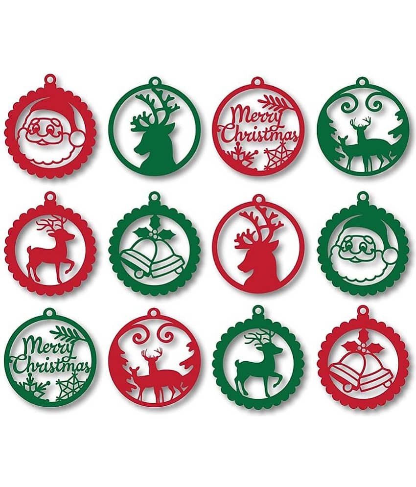 eCraftIndia Red & Green 12 Pieces Christmas Tree Wooden Cut outs Festive Decor