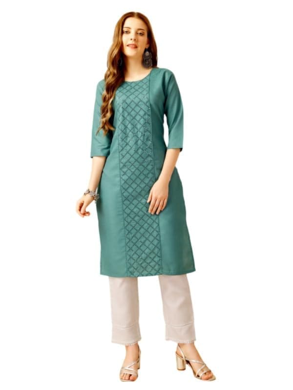 Women's Casual 3-4 th Sleeve Embroidery Cotton Kurti Pant Set (Green, L)-PID50285