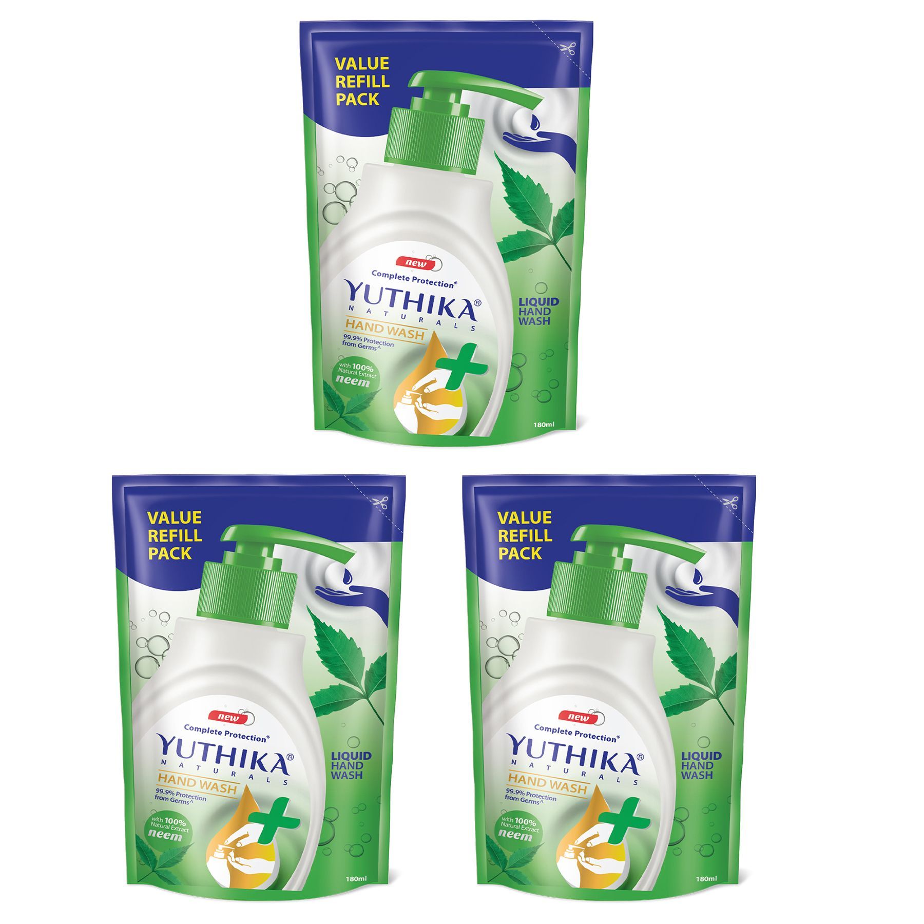 Yuthika Liquid Hand Wash Refill Pack 180ml Pack of 3, Neem Handwash, Germ Protection Handwash with a pH Balanced Formula