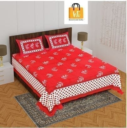 3001-Hometrade India-Standard King Size (90*108 Inches)-Pure Cotton Jaipuri Double Bedsheet With Matching Pillow Cover